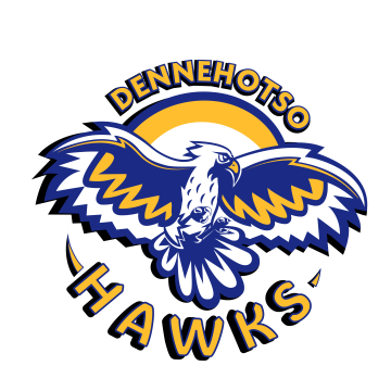 Dennehto Hawks logo featuring a stylized hawk in bold colors, representing the school's spirit and strength.